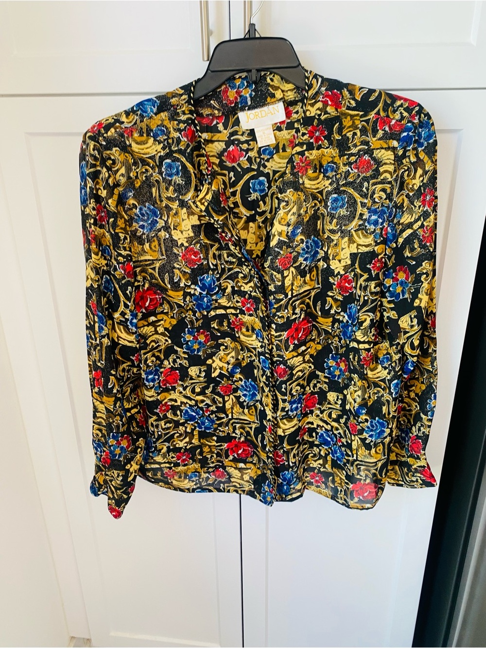 Jordan Floral Baroque Button-Up Blouse in Black, Gold, Blue & Red XL vintage